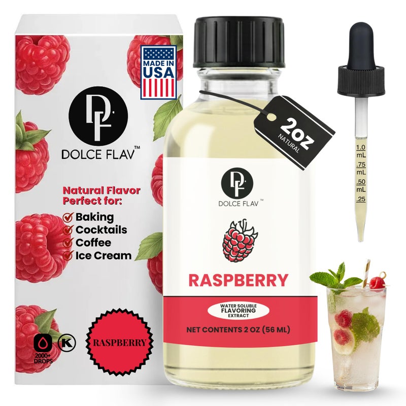 Dolce Flav Natural Raspberry Extract 2 oz - Kosher, Sugar-Free, Concentrated Tart Raspberry Flavoring for Baking, Beverages & Desserts, Includes Measured Dropper - Image 1